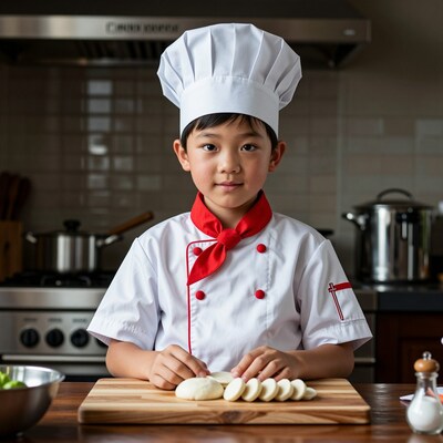 Young Asian boy chef baking