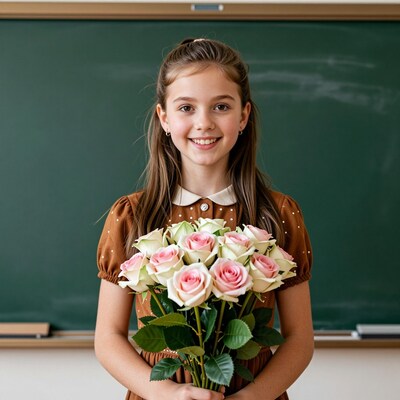Girl with bouquet of roses in classroom