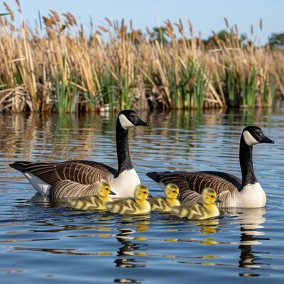 Canada geese family swimming
