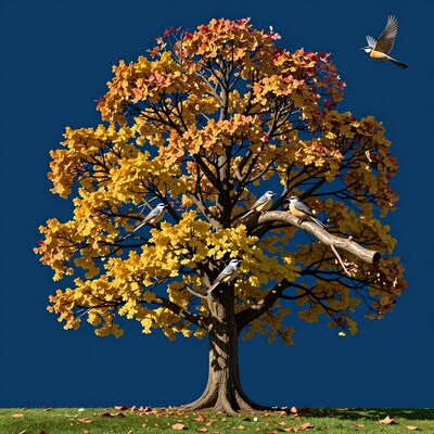 Autumn Tree with Birds