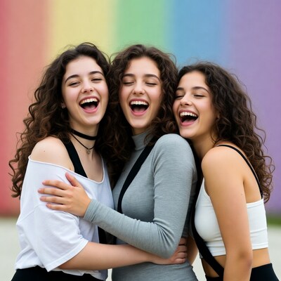Three laughing young women hugging
