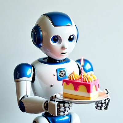 Robot holding birthday cake