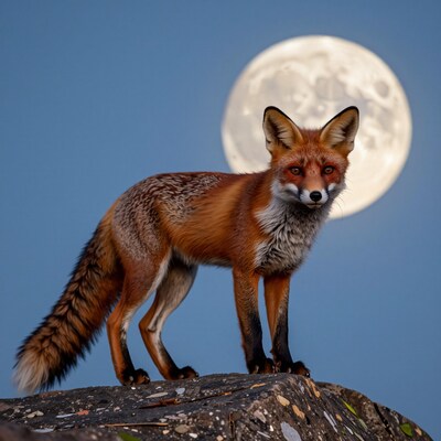 Red Fox on Rock with Full Moon
