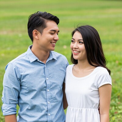 Happy Asian couple smiling in park