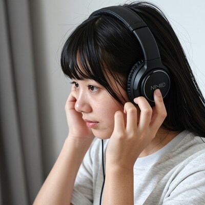 Young Asian woman listening to headphones
