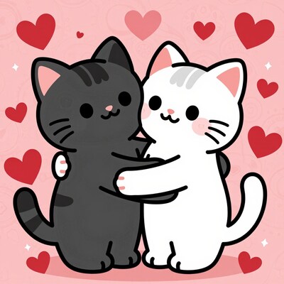 Cartoon cats hugging with hearts