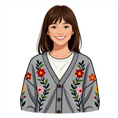 Smiling woman in floral cardigan