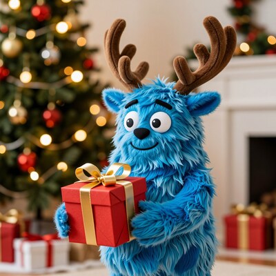 Blue Monster with Reindeer Antlers Holding Christmas Gift