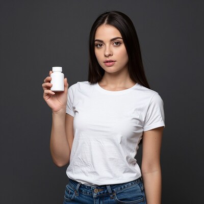 Woman holding white pill bottle
