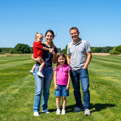 Happy family of four in grassy field