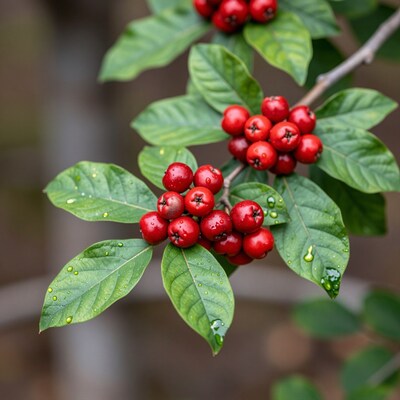 Red berries on green leaves