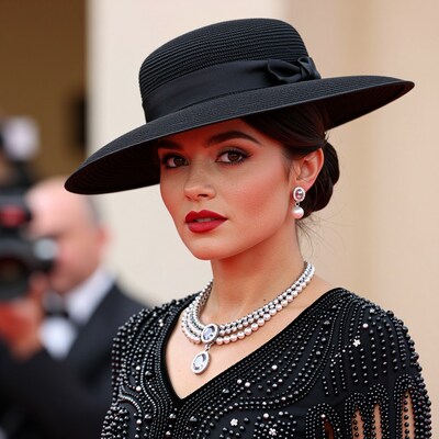 Elegant woman in black hat and pearl necklace