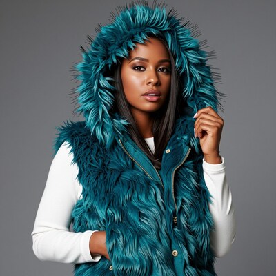 Woman in teal fur hooded vest