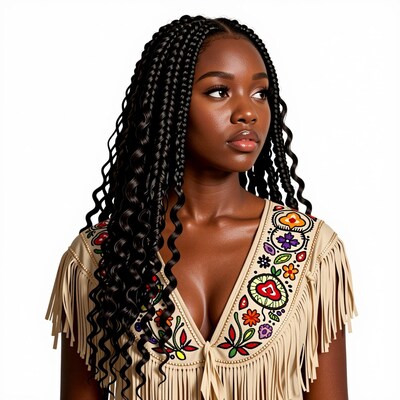Black woman with long braids in fringed top