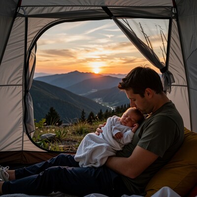 Father holding newborn baby in mountain tent at sunset