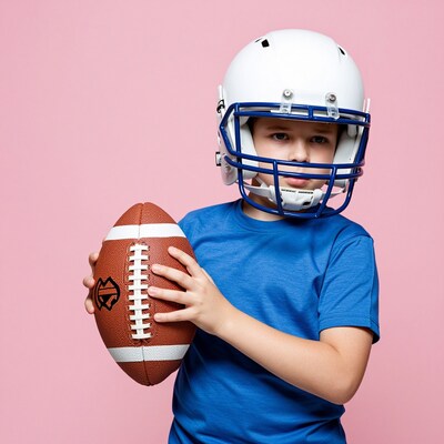 Boy in football helmet holding American football