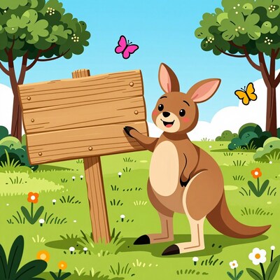 Cartoon Kangaroo with Wooden Sign