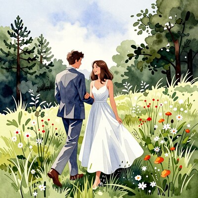 Couple Walking in Wildflower Meadow