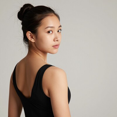 Asian woman in black leotard
