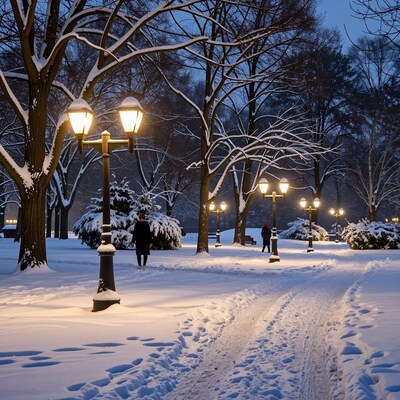 Snowy Winter Park Path at Dusk