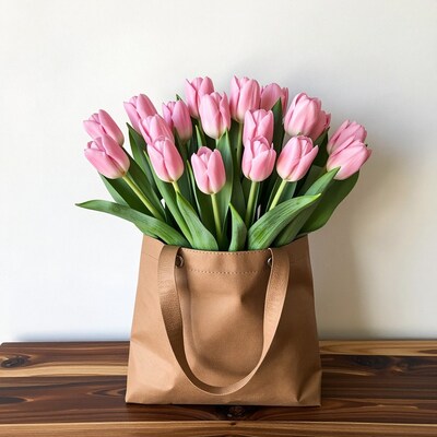 Pink Tulips in Brown Tote Bag