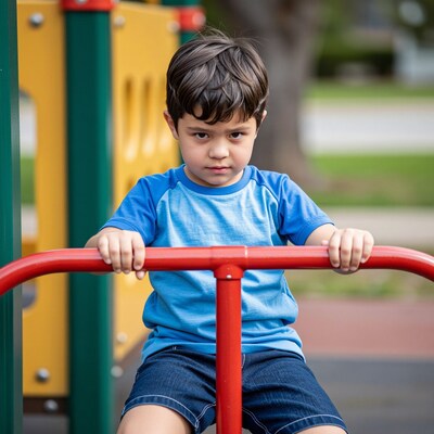 Young boy on playground equipment