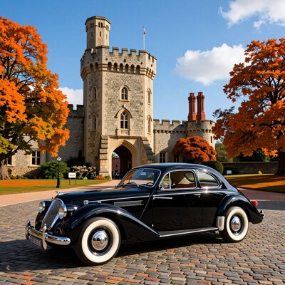 Vintage Black Car at Castle