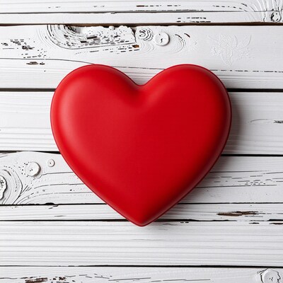 Red heart on white wood