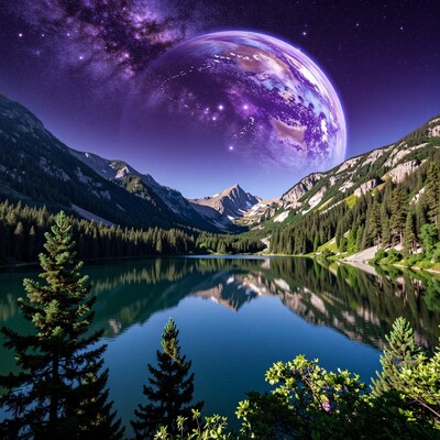 Purple Planet Over Mountain Lake