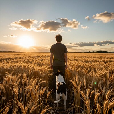 Man and dog in wheat field at sunset