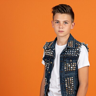 Teen boy in studded denim vest