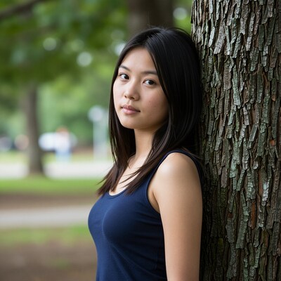 Young Asian Woman Leaning on Tree