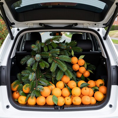 Car Trunk Full of Oranges and Pine Branches