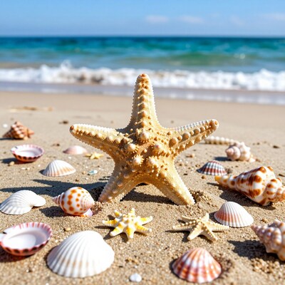 Starfish and Seashells on Beach