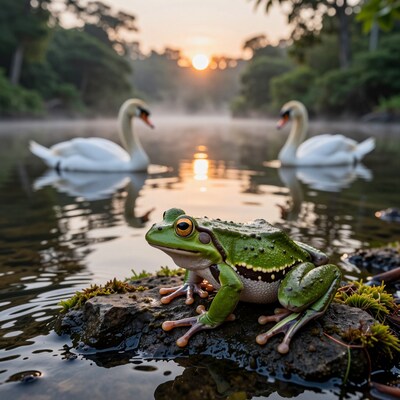 Green Frog with Swans at Sunset