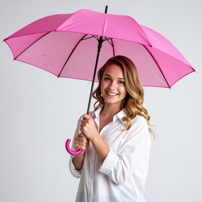 Smiling woman with pink umbrella