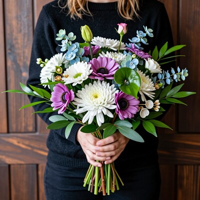 Woman holding colorful flower bouquet