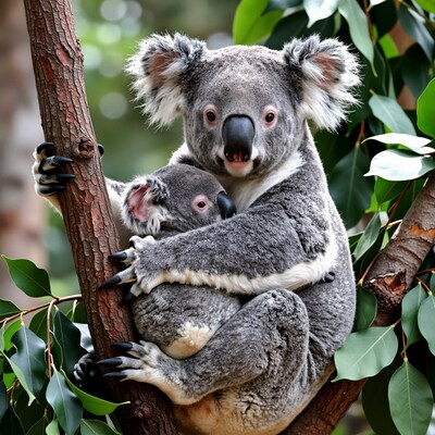 Mother Koala Hugging Baby on Tree