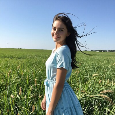 Young woman in blue dress in field