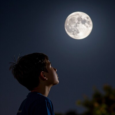 Boy gazing at full moon