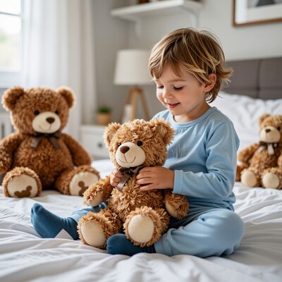 Toddler boy hugging teddy bear