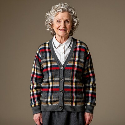 Elderly woman in plaid cardigan