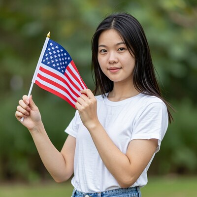 Asian woman holding American flag