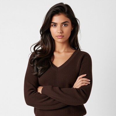 Woman in brown V-neck sweater
