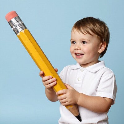 Toddler boy holding giant pencil