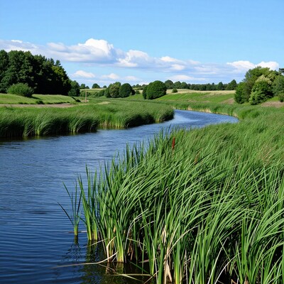 River through green reeds