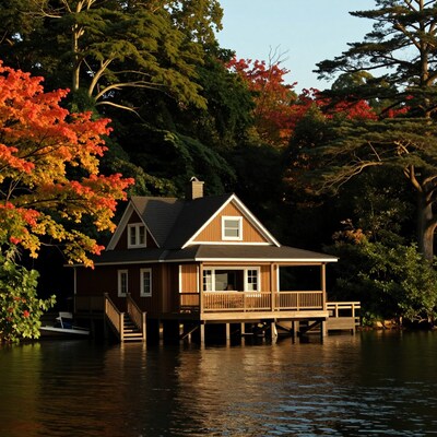 Autumn lakeside cabin