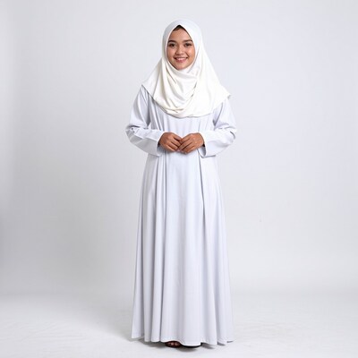 Smiling Muslim woman in white hijab and dress