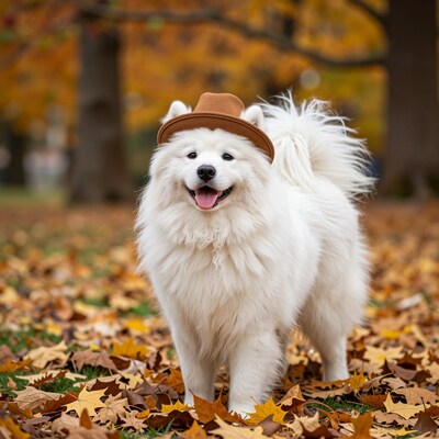 Samoyed dog in hat autumn park