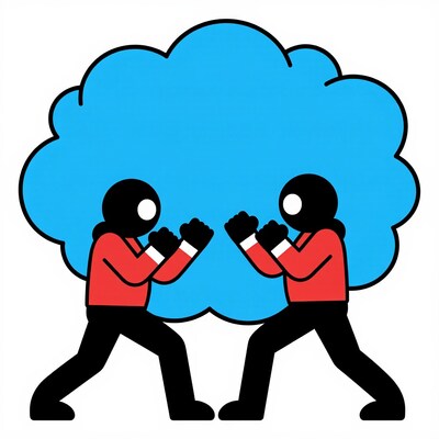 Two men fighting in cloud
